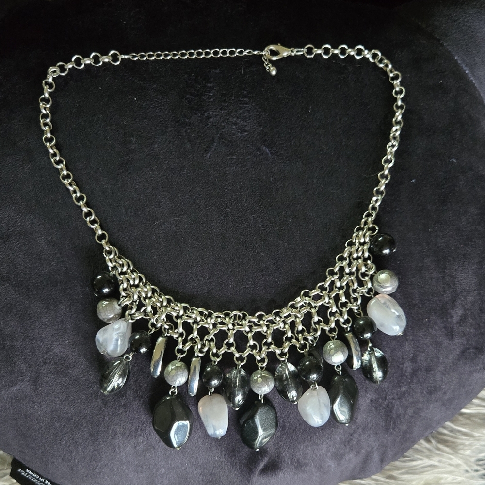 Black and Silver Dangly Stones Statement Necklace